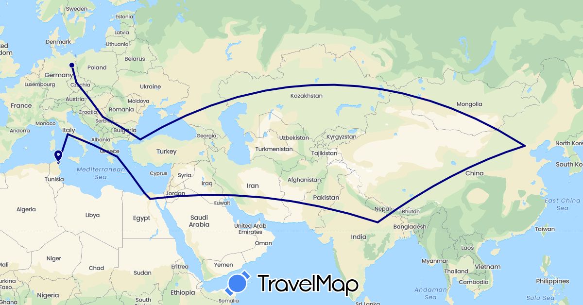 TravelMap itinerary: driving in China, Czech Republic, Germany, Egypt, Greece, India, Italy, Serbia, Tunisia, Turkey (Africa, Asia, Europe)